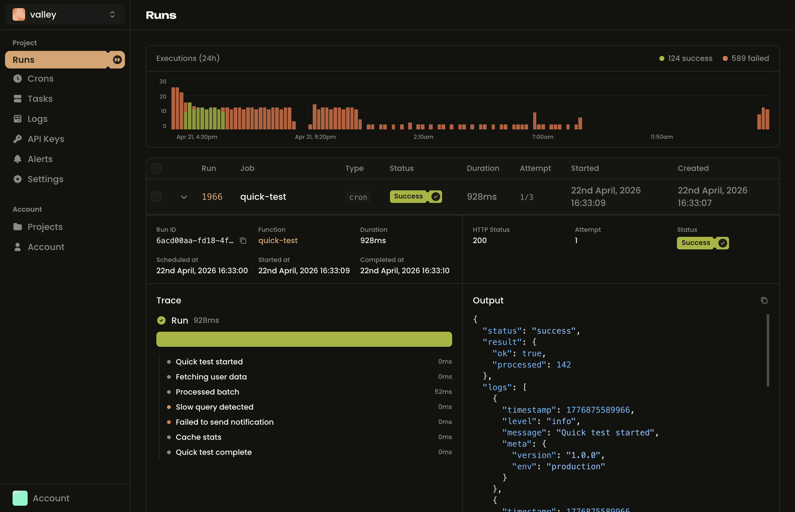 Pingback dashboard showing execution history, structured logs, trace timeline, and JSON output for a cron job run